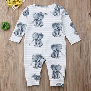 Adorable Elephant Print Baby Long Sleeve Romper - Size: 6-12 Months